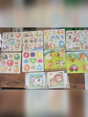 Bundle 10 Wooden Farm & Shape Puzzle Set for Kids - Colorful Educational Play FP